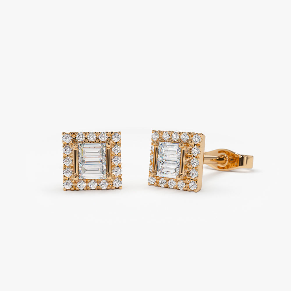OBFJ0124 - 14k Rose Baguette Diamond Studs in Halo Setting 1