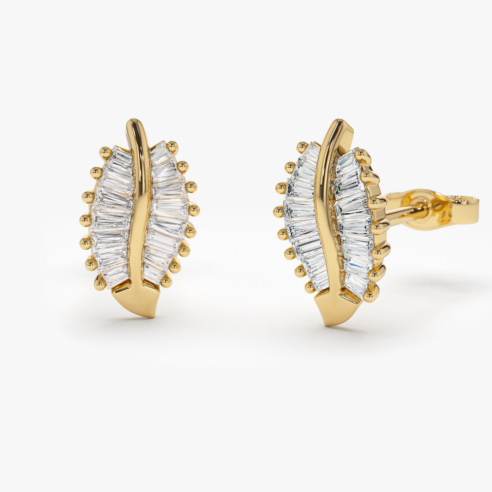 OBFJ0294 - 14k Baguette Diamond Leaf Earrings 1