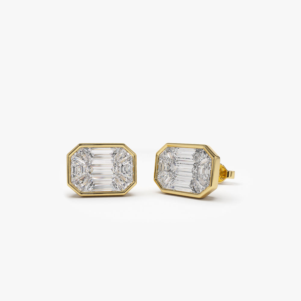 OBFJ2015 - 14k Illusion Setting Step Cut Mosaic Diamond Studs 5