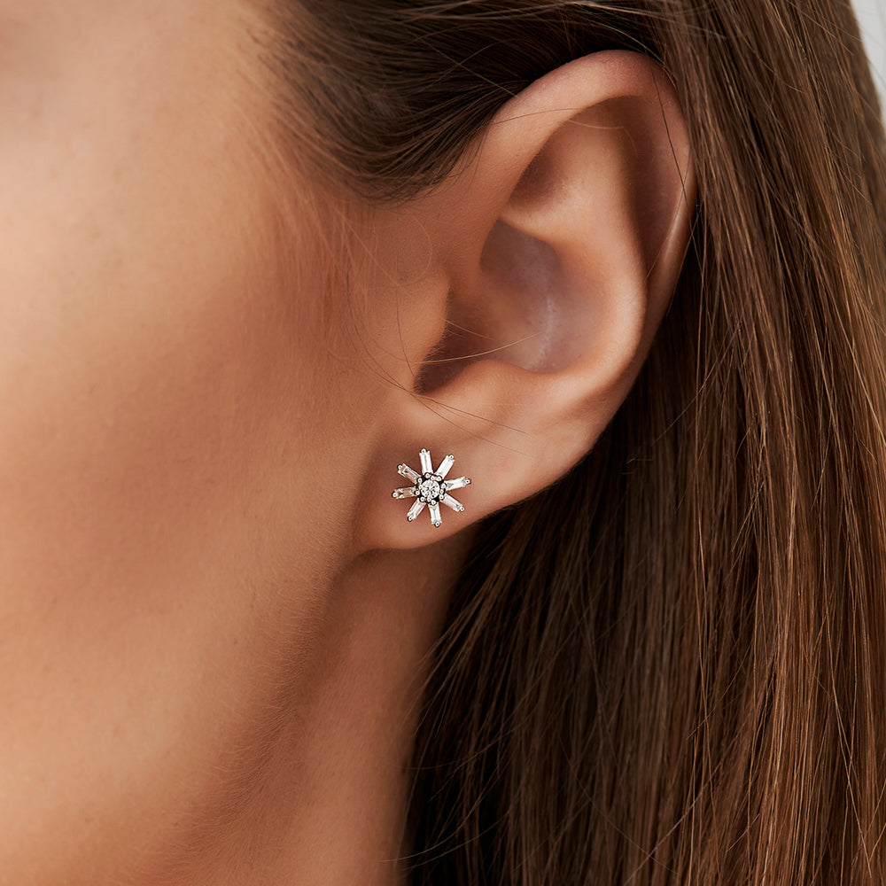 OBFJ0119 - 14k Rose Floral Design Baguette Diamond Stud Earrings 2
