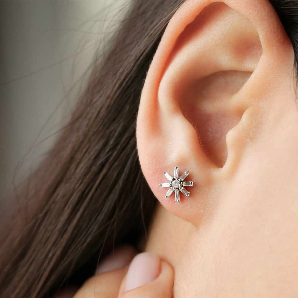 OBFJ2068 - 14k Floral Design Baguette Diamond Stud Earrings 4