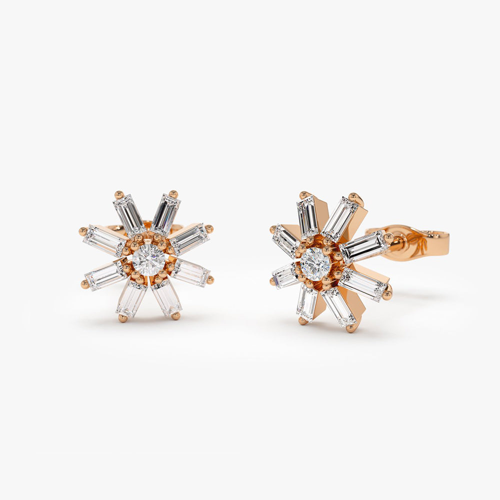 OBFJ2068 - 14k Floral Design Baguette Diamond Stud Earrings 5