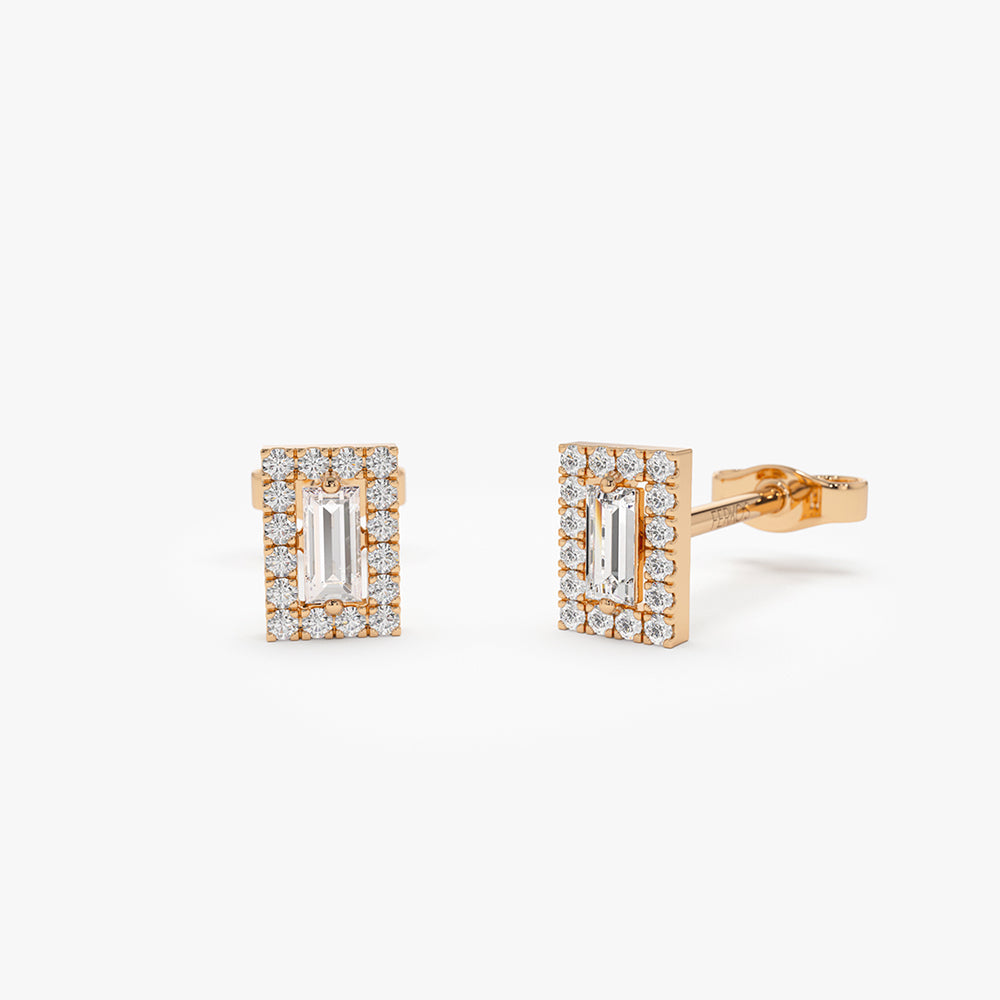 OBFJ0163 - 14k Rose Baguette Diamond Halo Setting Diamond Studs 1