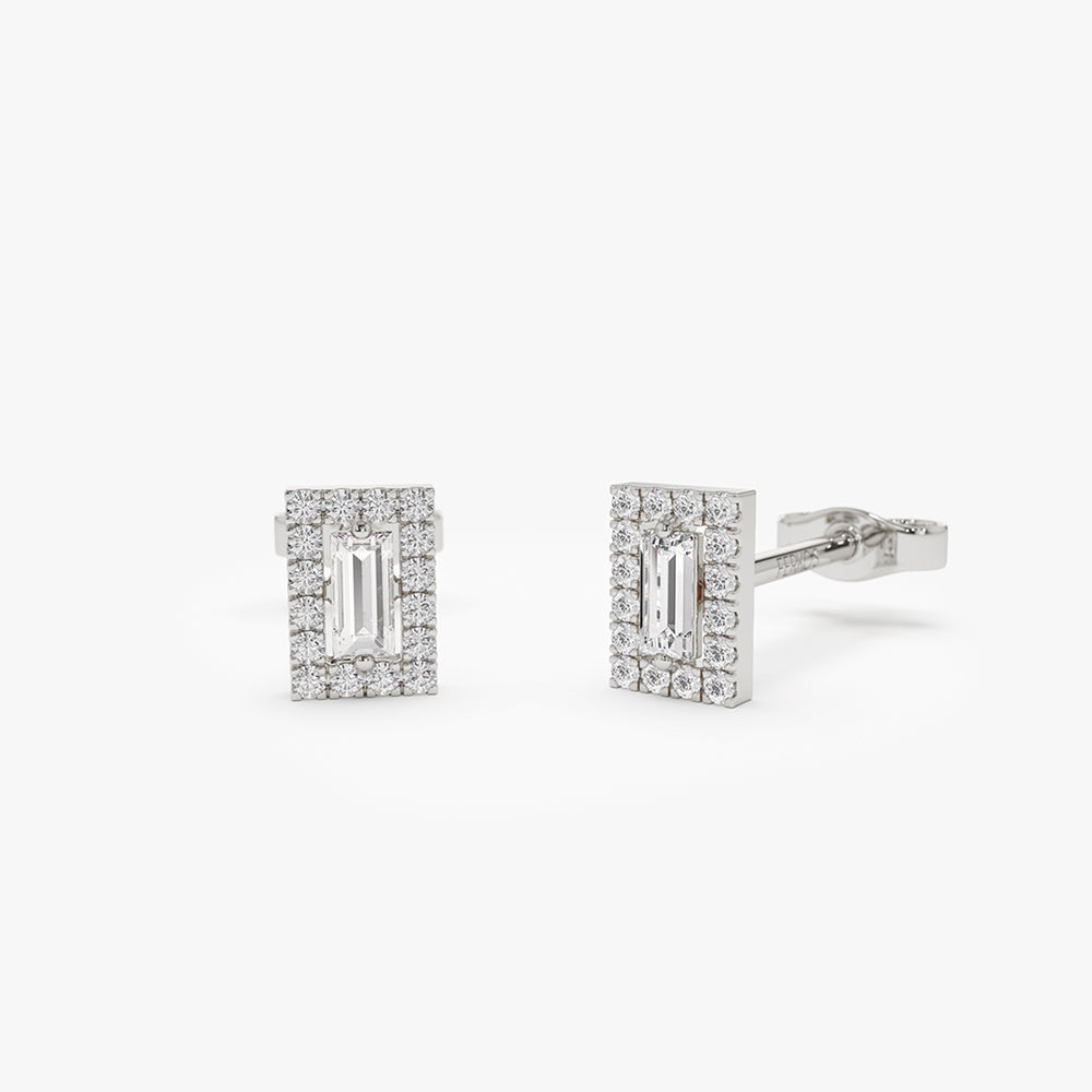 OBFJ2126 - 14k Baguette Diamond Halo Setting Diamond Studs 5