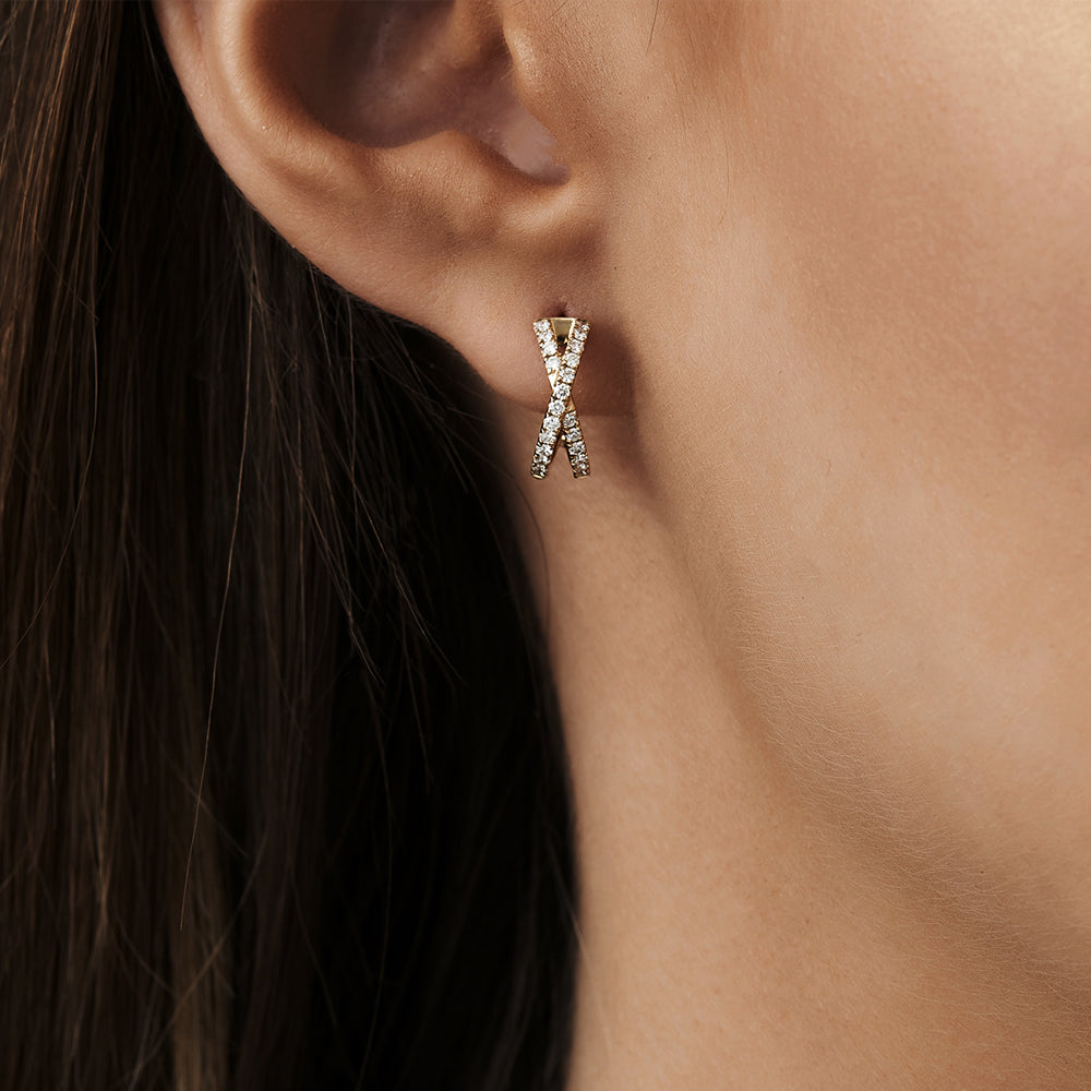 OBFJ0171 - 14k Rose Solid Gold Criss Cross Pave Diamond Earrings 2
