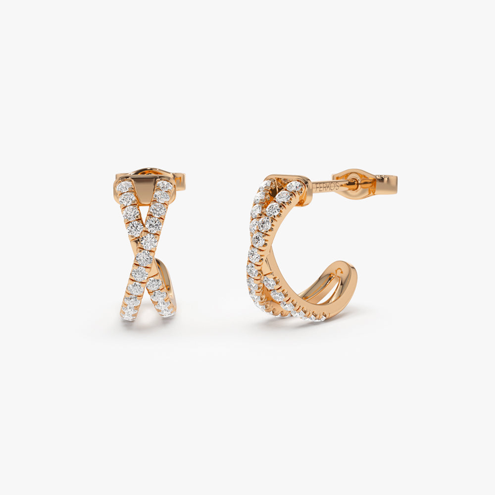OBFJ0171 - 14k Rose Solid Gold Criss Cross Pave Diamond Earrings 1