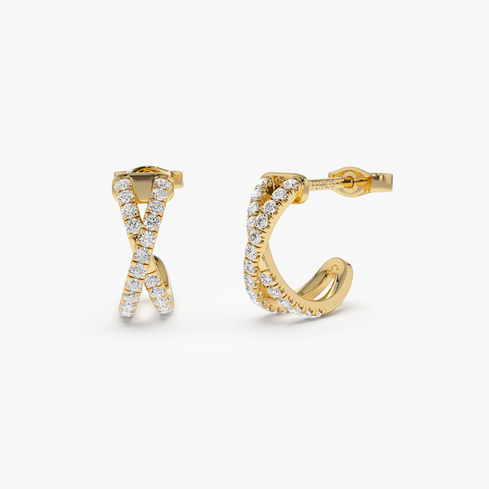 OBFJ2080 - 14k Solid Gold Criss Cross Pave Diamond Earrings 1