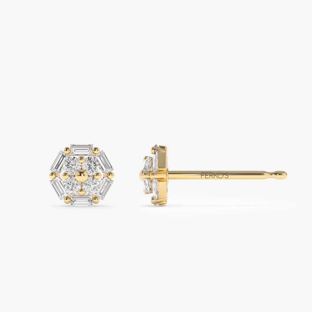 OBFJ2132 - 14k Gold Baguette and Round Diamond Cluster Studs 5