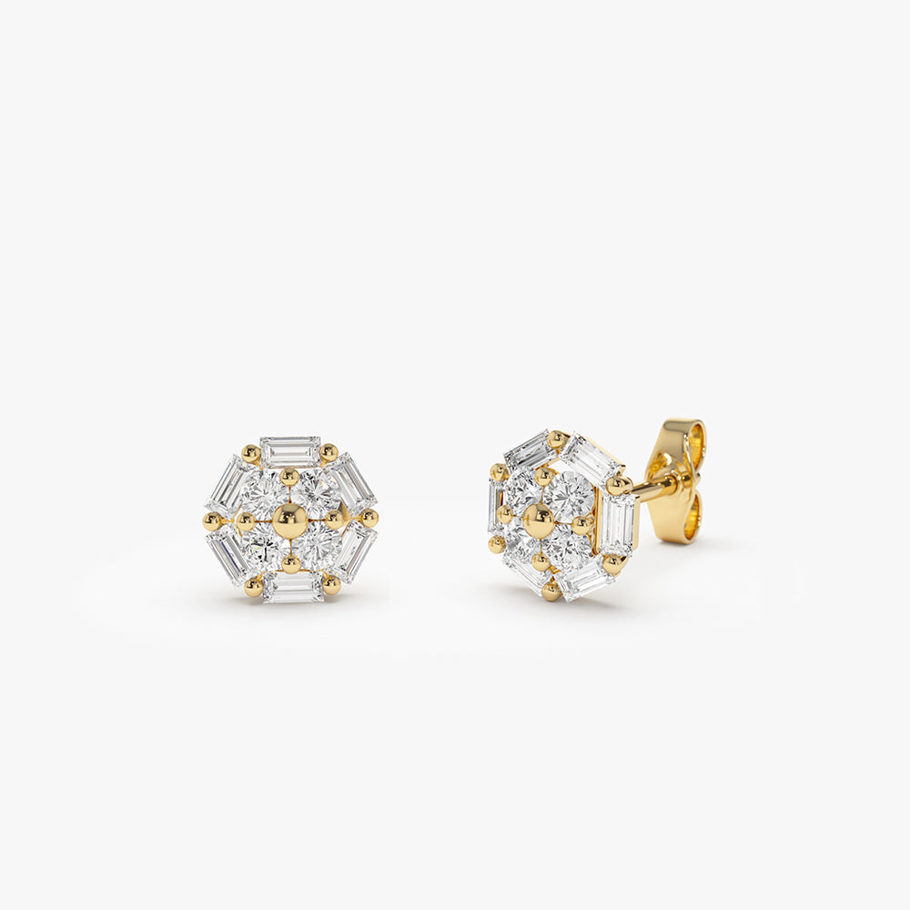 OBFJ2132 - 14k Gold Baguette and Round Diamond Cluster Studs 1