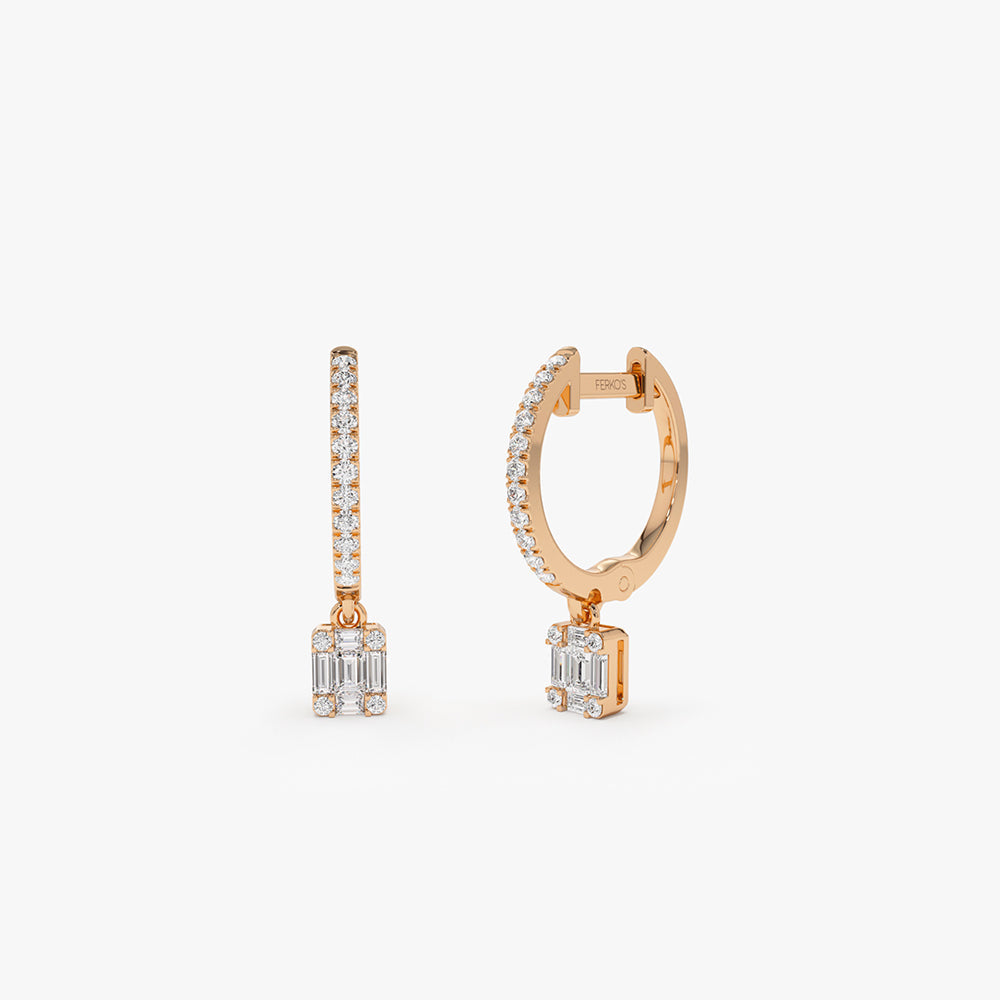 OBFJ0164 - 14k Rose Diamond Huggie Earrings with Dangling Illusion Set Baguette Diamonds 1
