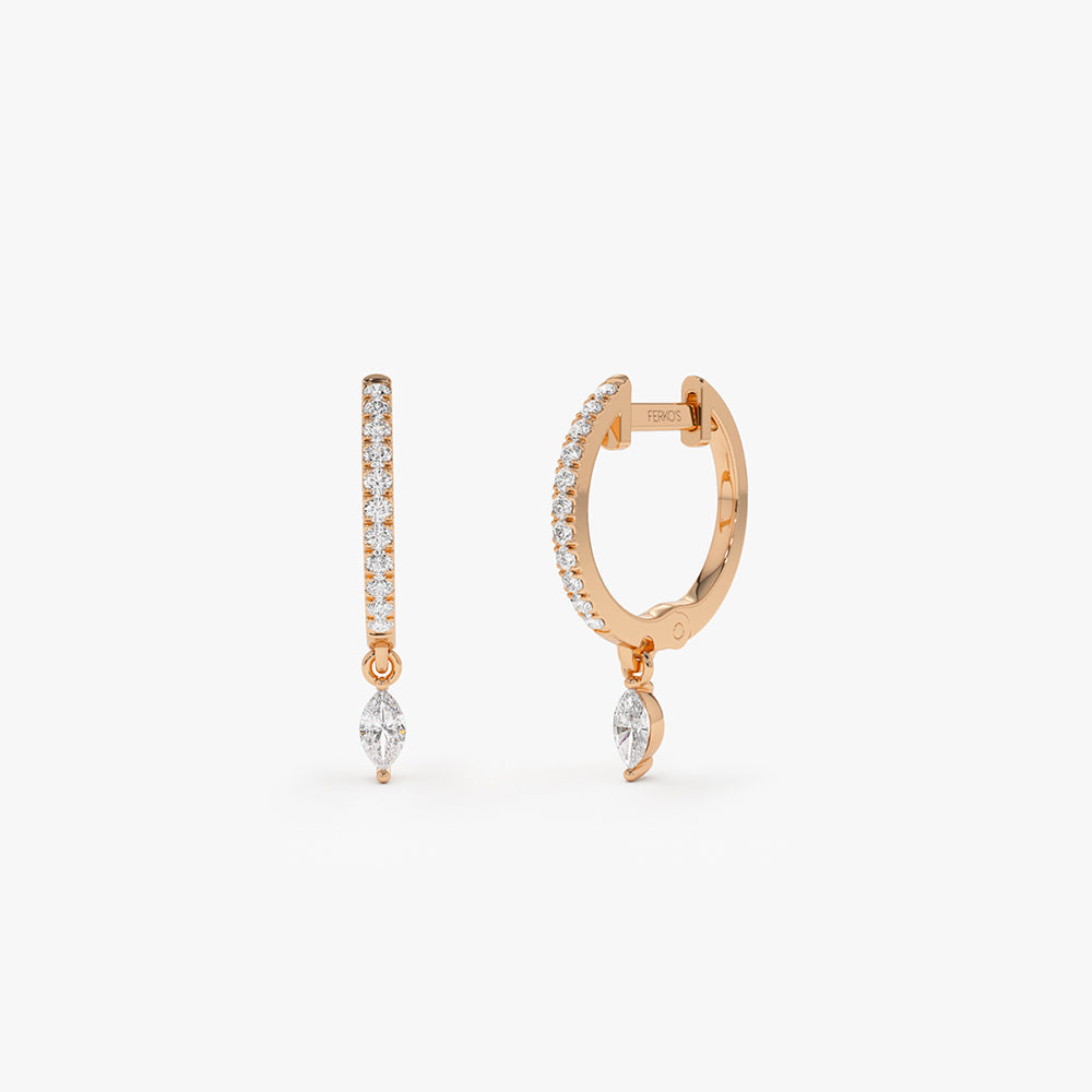 OBFJ2135 - 14k Diamond Huggies with a Dangling Marquise Diamond 5