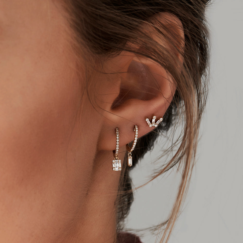 OBFJ2133 - 14k Diamond Huggies with a Dangling Baguette Diamond 4