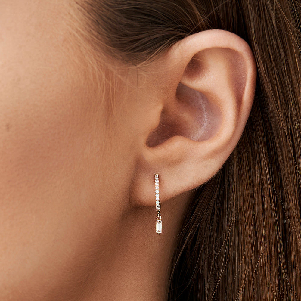 OBFJ2133 - 14k Diamond Huggies with a Dangling Baguette Diamond 2