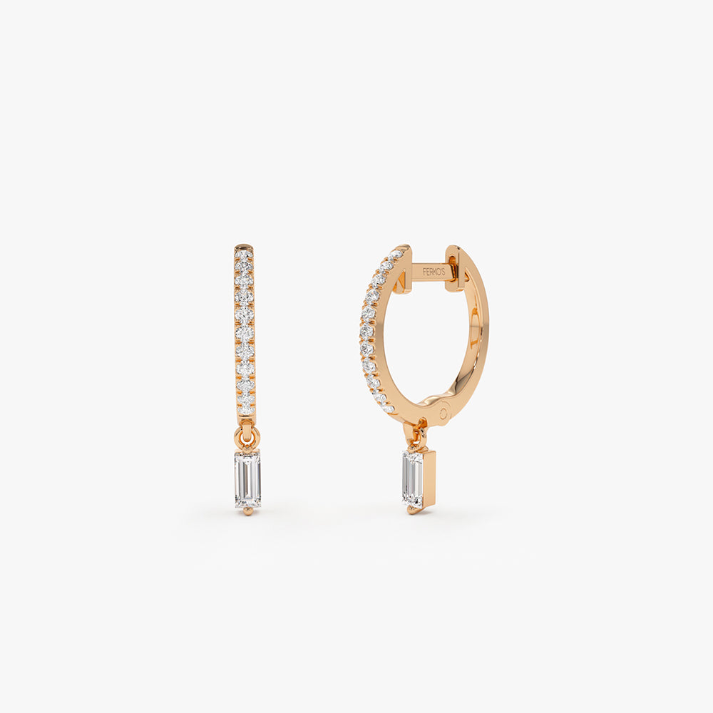OBFJ2133 - 14k Diamond Huggies with a Dangling Baguette Diamond 5