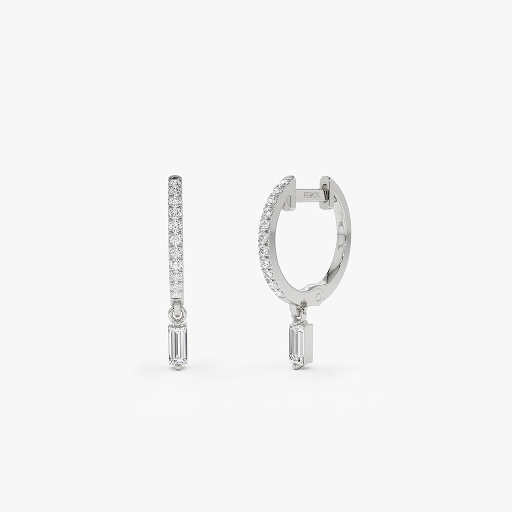 OBFJ2133 - 14k Diamond Huggies with a Dangling Baguette Diamond 6