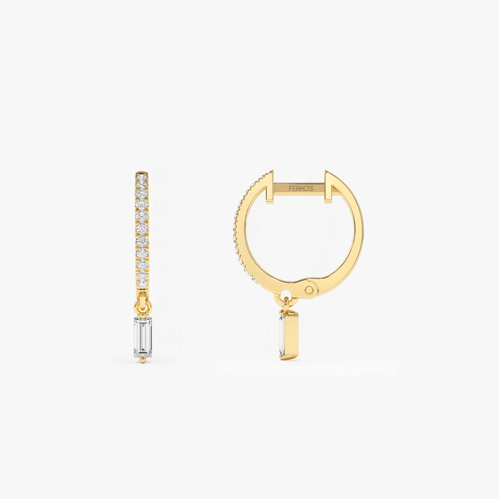 OBFJ2133 - 14k Diamond Huggies with a Dangling Baguette Diamond 7