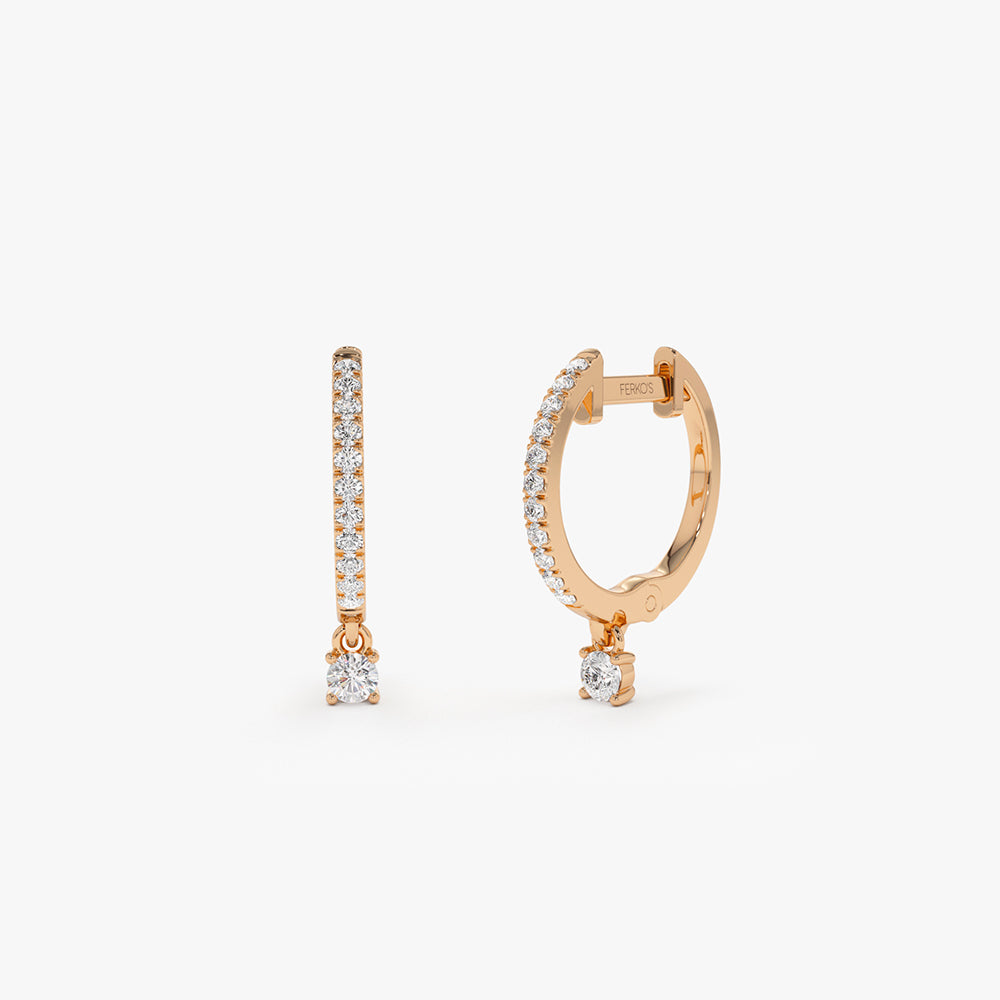 OBFJ2134 - 14k Diamond Huggies with a Dangling Round Diamond 4