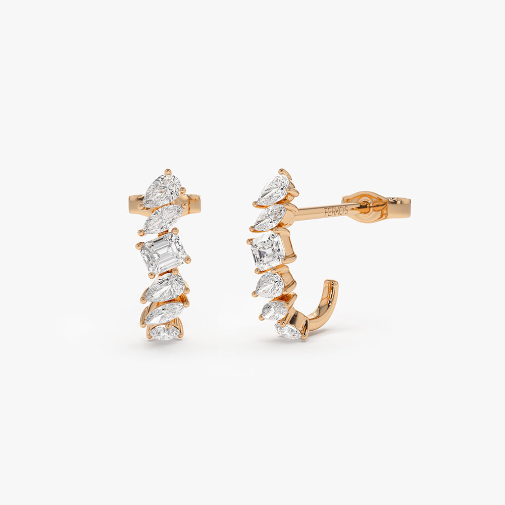 OBFJ2136 - 14k Gold Mixed Diamond Shapes Statement Stud Earrings 5