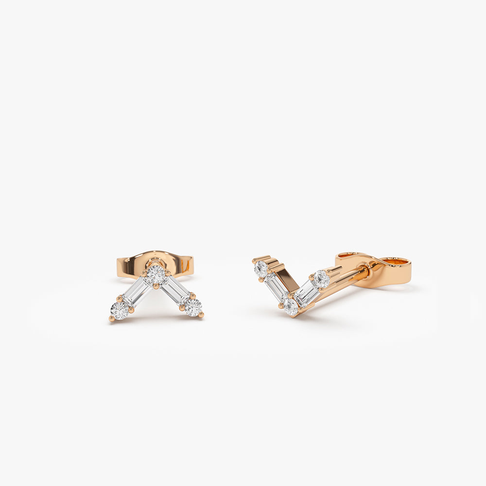 OBFJ2139 - 14k Minimal Baguette and Round Diamond Earrings 5