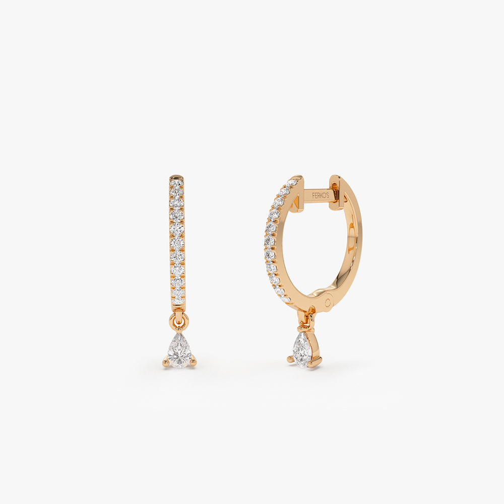 OBFJ0170 - 14k Rose Diamond Huggies with a Dangling Pear Shape Diamond 1