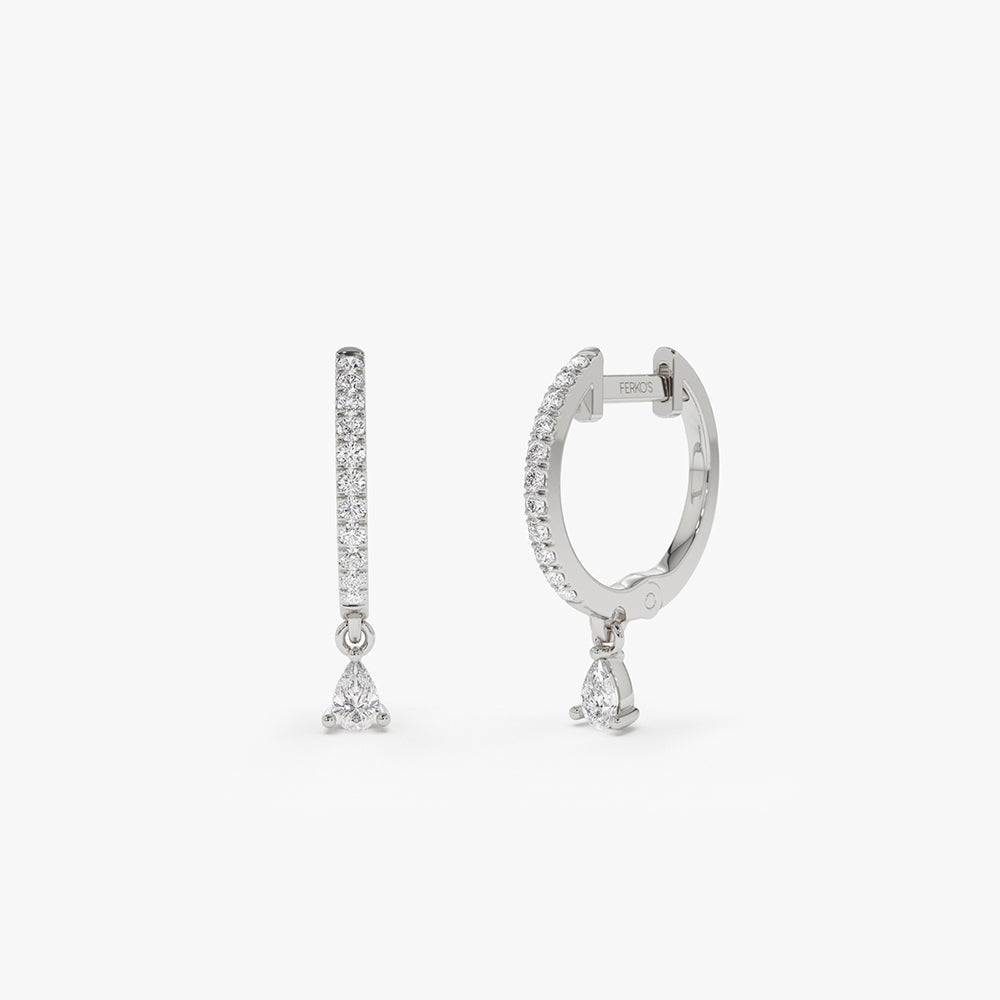 OBFJ2138 - 14k Diamond Huggies with a Dangling Pear Shape Diamond 4