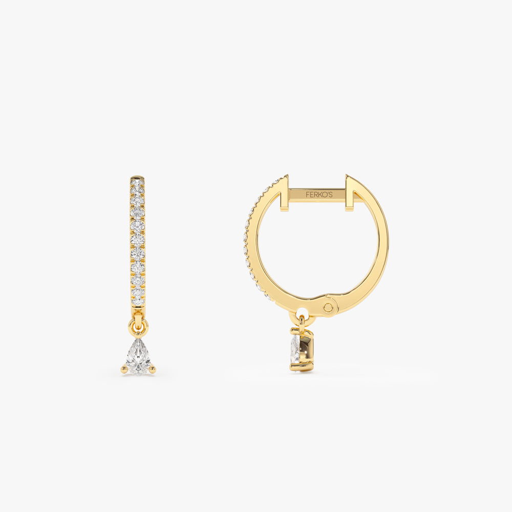OBFJ2138 - 14k Diamond Huggies with a Dangling Pear Shape Diamond 5