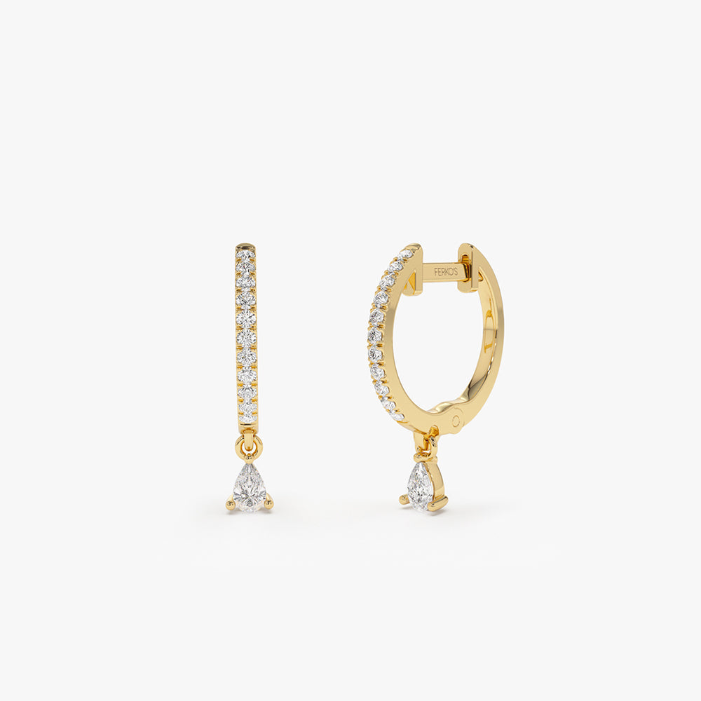 OBFJ2138 - 14k Diamond Huggies with a Dangling Pear Shape Diamond 1