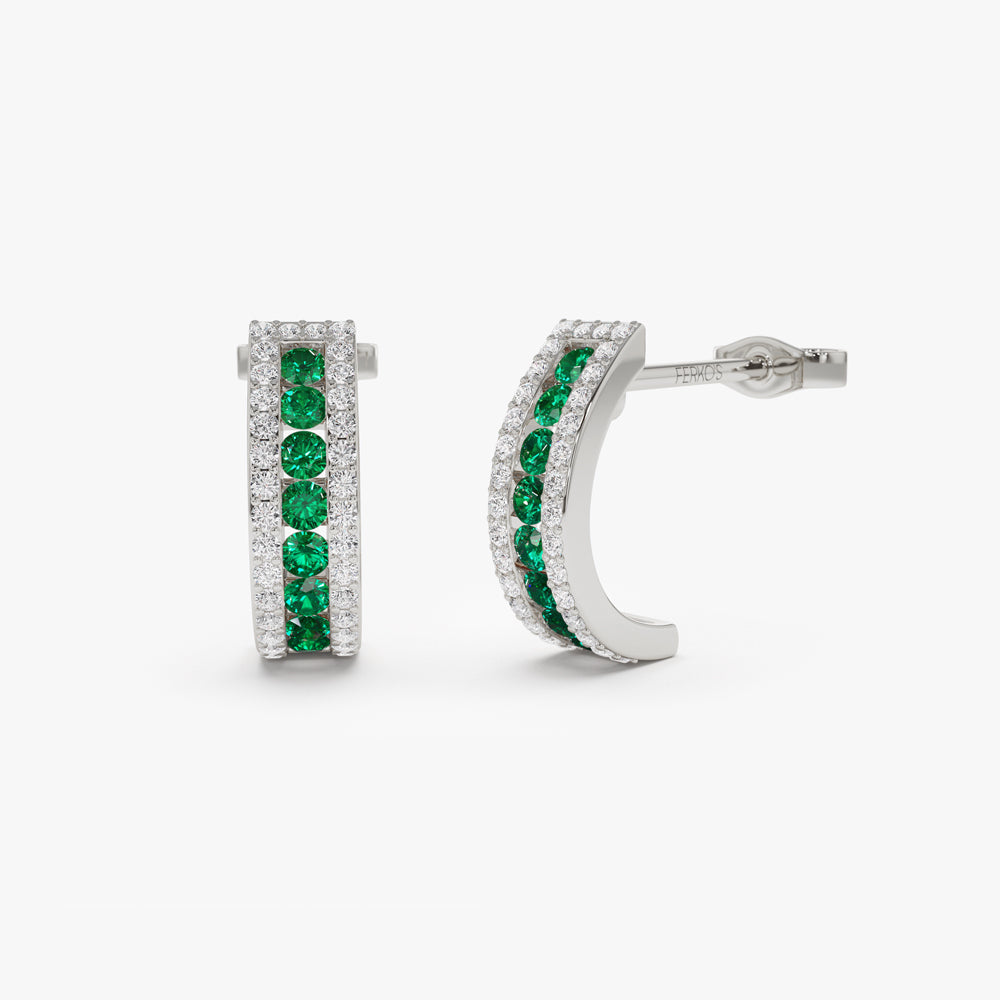 OBFJ2190 - 14k Emerald and Round Diamond Hoop Earrings 7