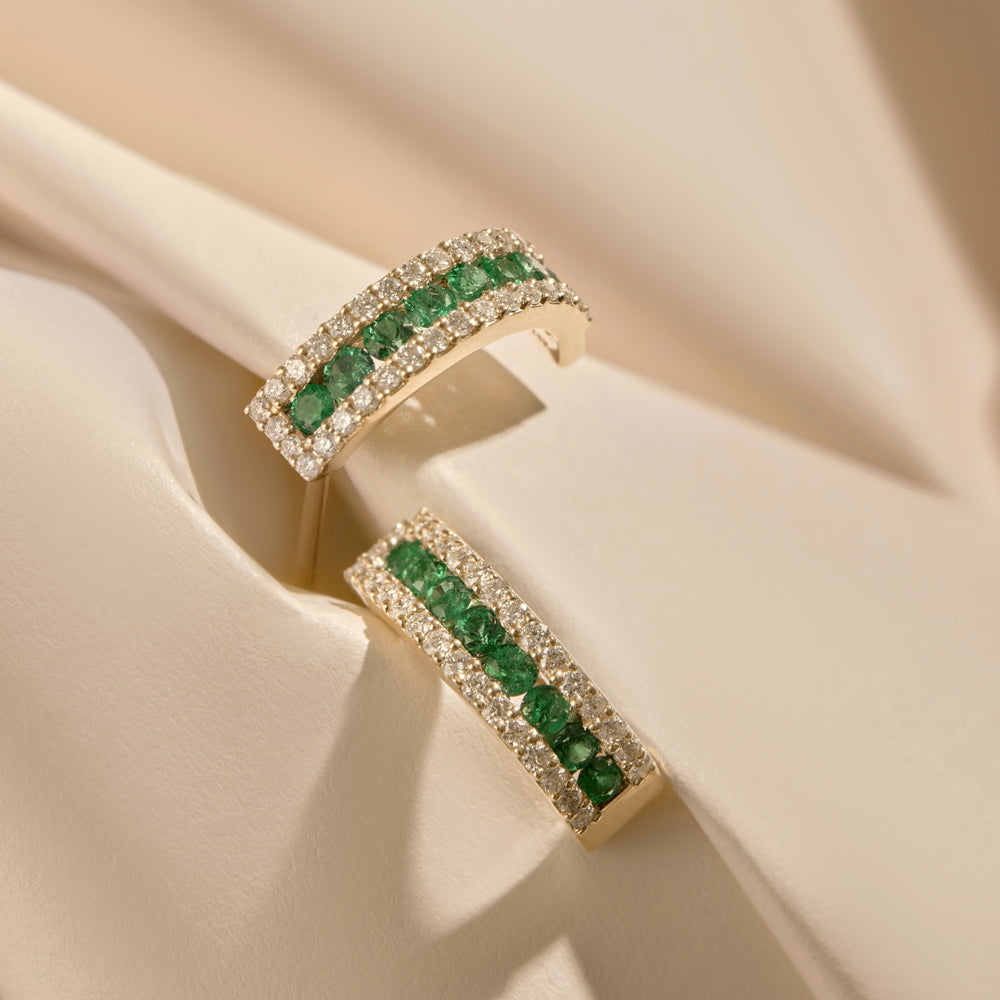 OBFJ0111 - 14k Rose Emerald and Round Diamond Hoop Earrings 5
