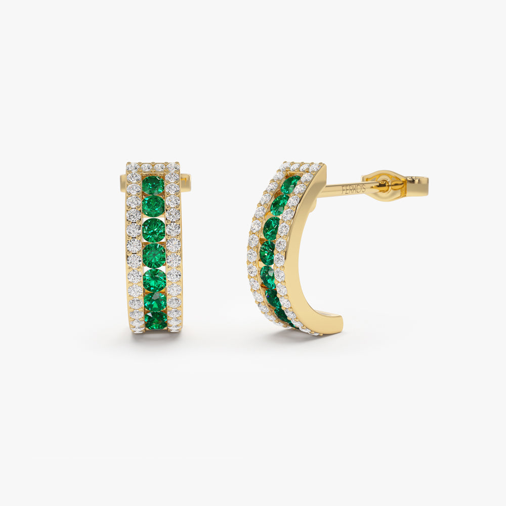 OBFJ2190 - 14k Emerald and Round Diamond Hoop Earrings 1