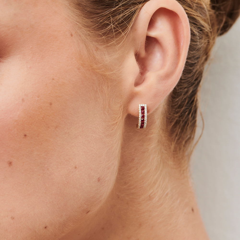 OBFJ0102 - 14k Rose Ruby and Round Diamond Hoop Earrings 2