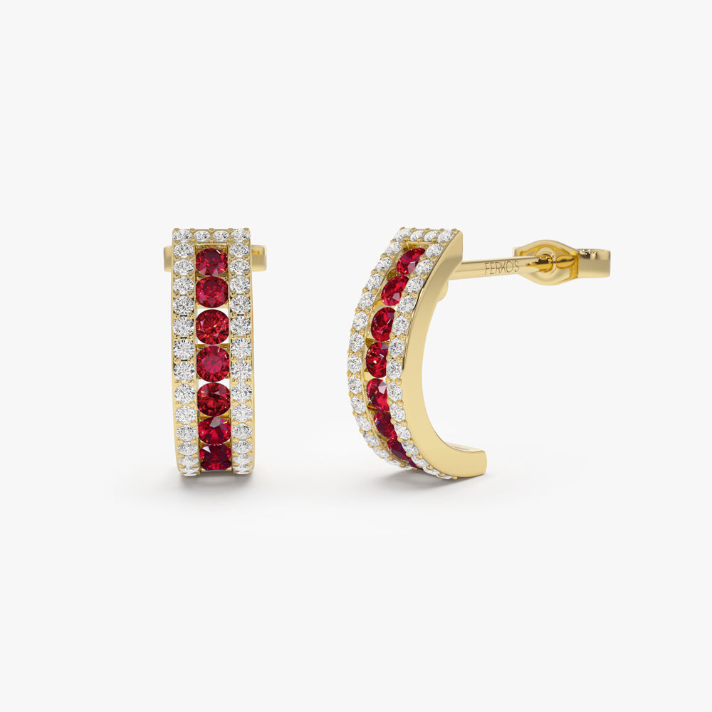 OBFJ1549 - 14k Ruby and Round Diamond Hoop Earrings 1
