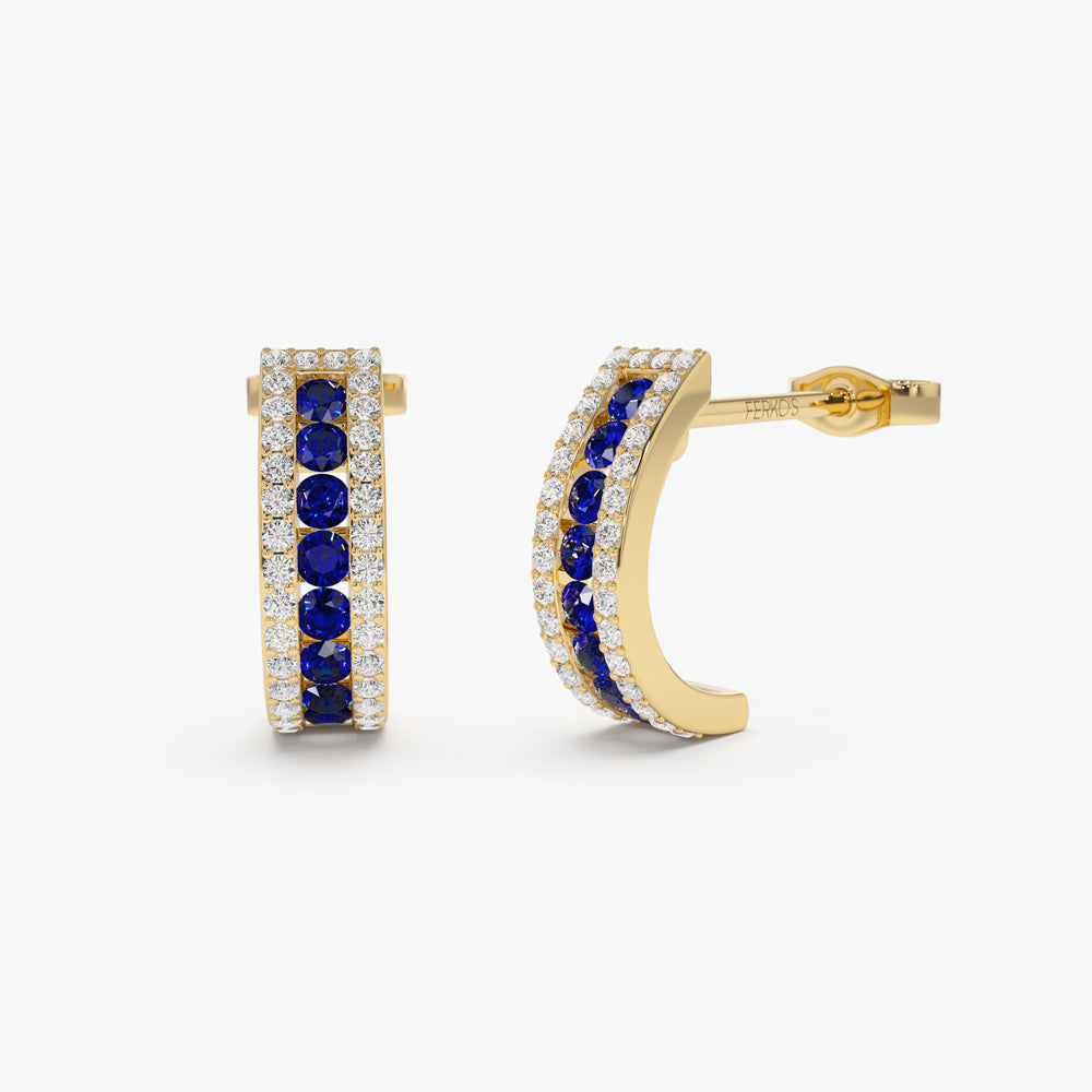 OBFJ1548 - 14k Sapphire and Round Diamond Hoop Earrings 1