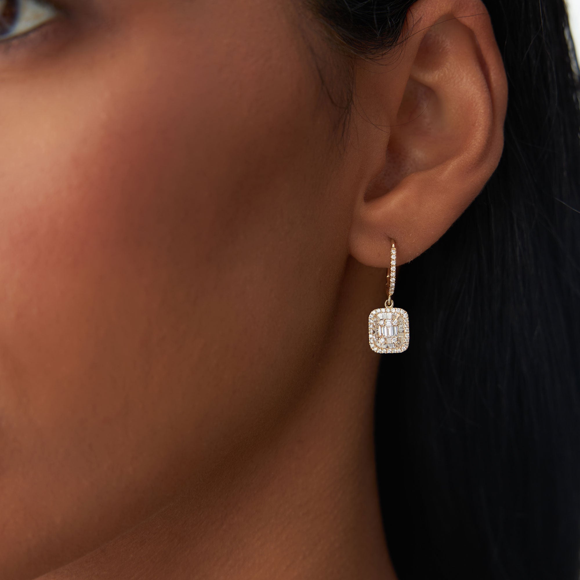 OBFJ1105 - 14k Illusion Setting Baguette Diamond Dangling Hoop Earrings 2