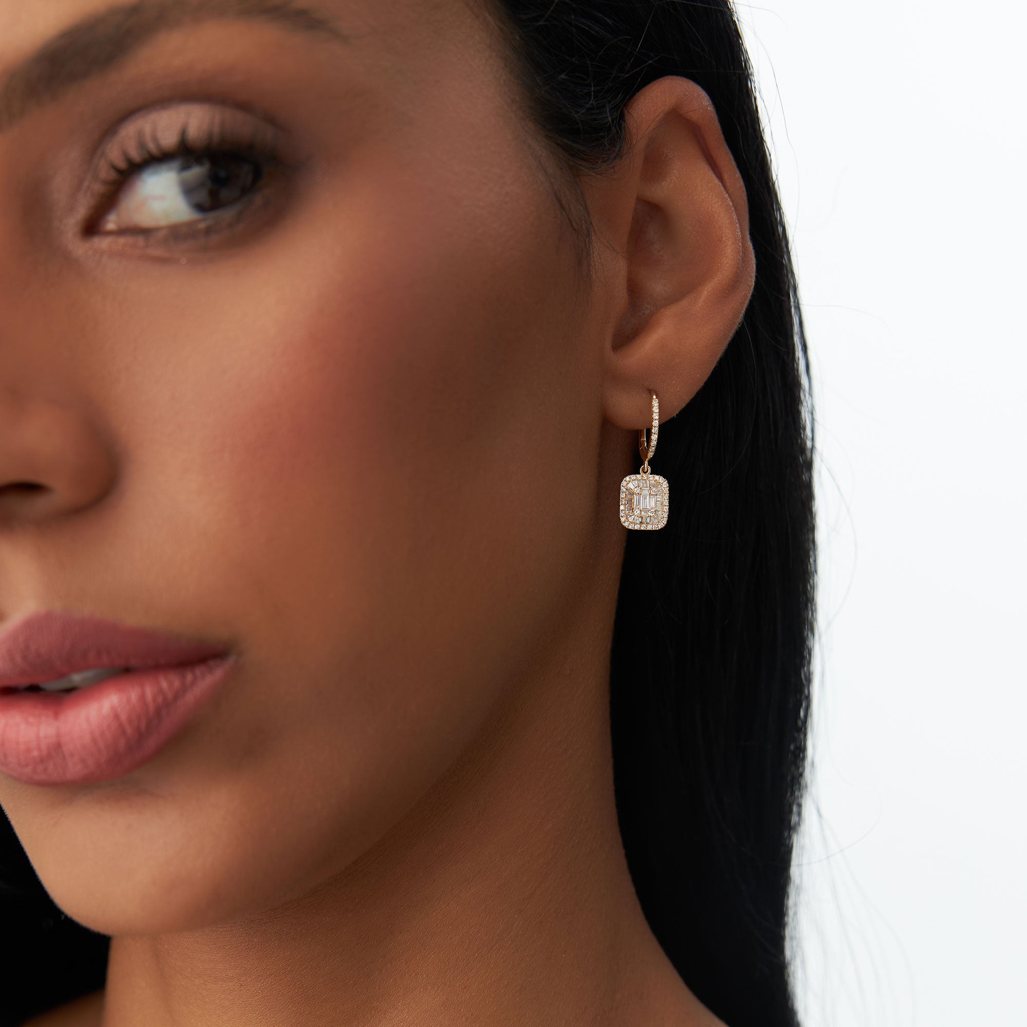 OBFJ1105 - 14k Illusion Setting Baguette Diamond Dangling Hoop Earrings 3