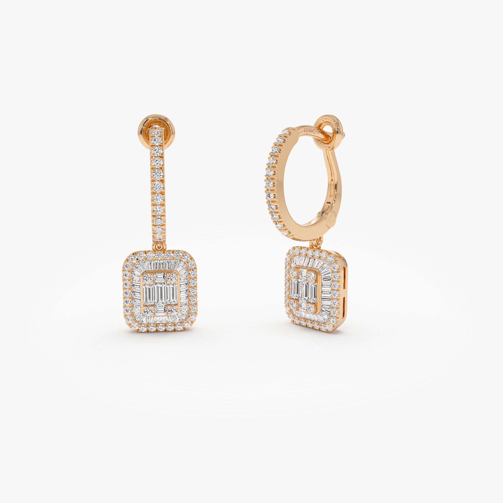 OBFJ0199 - 14k Rose Illusion Setting Baguette Diamond Dangling Hoop Earrings 1
