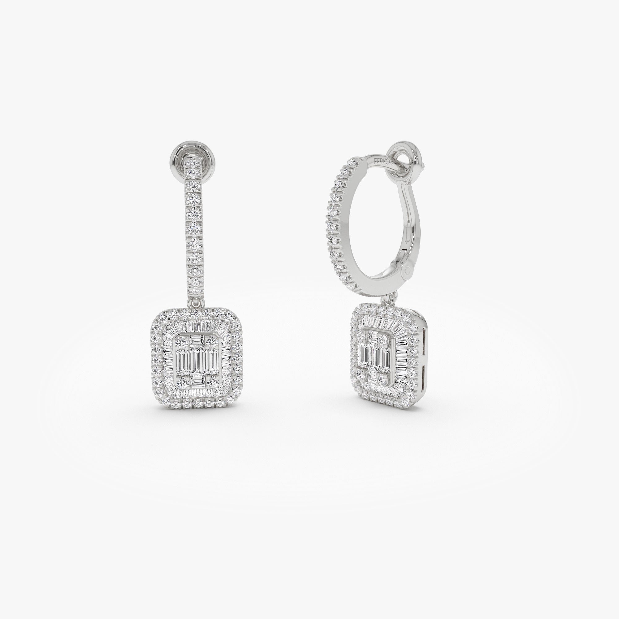 OBFJ1105 - 14k Illusion Setting Baguette Diamond Dangling Hoop Earrings 7