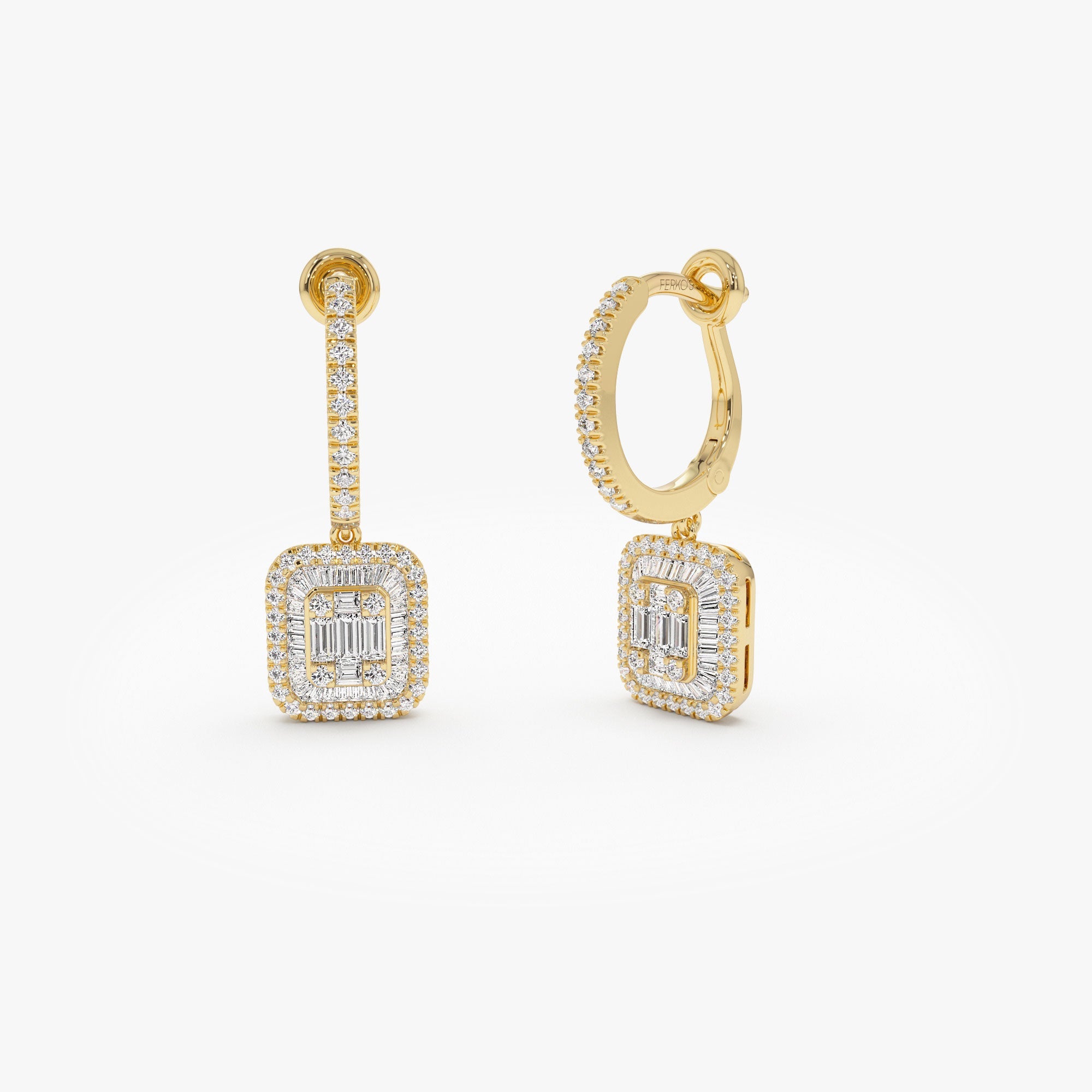 OBFJ1105 - 14k Illusion Setting Baguette Diamond Dangling Hoop Earrings 1