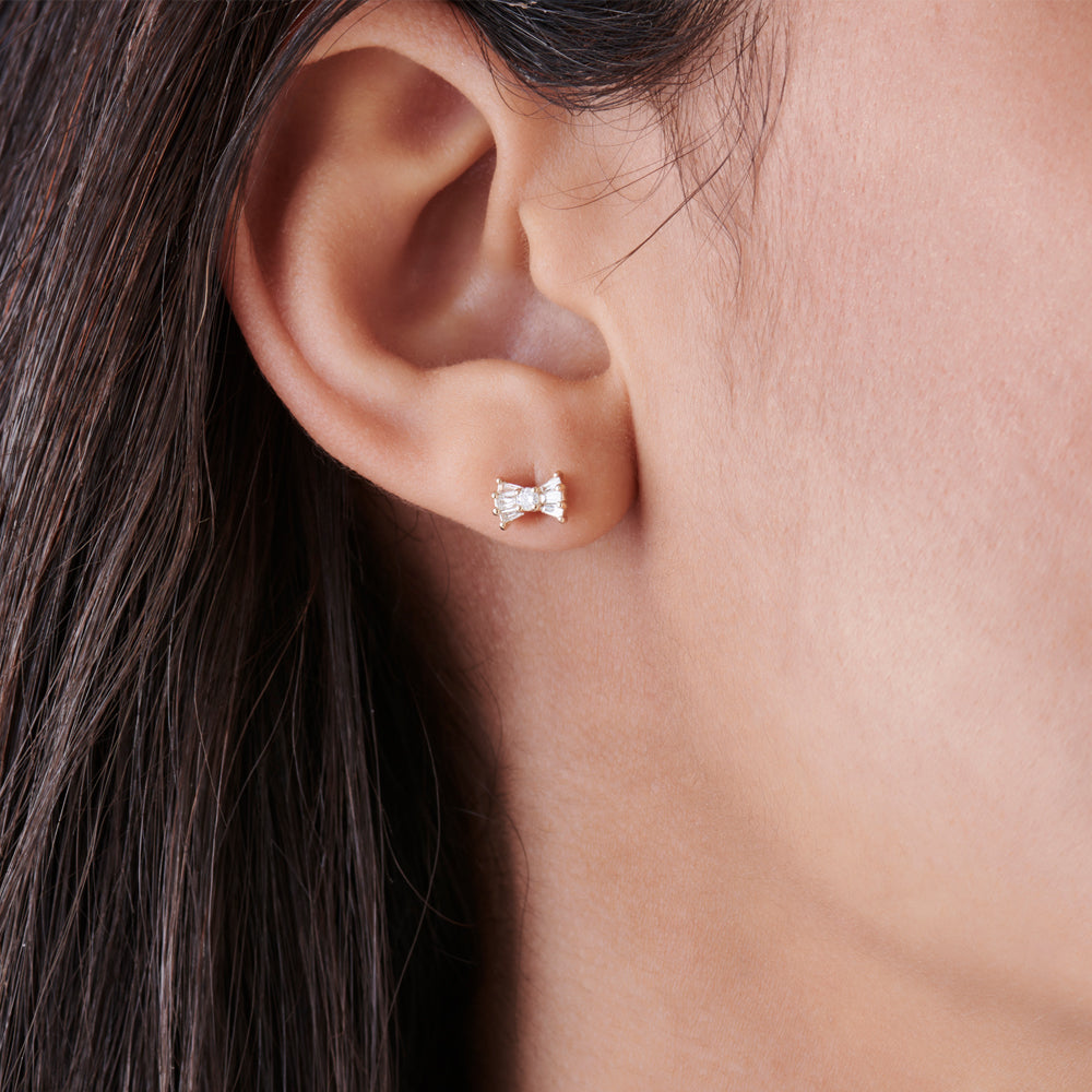 OBFJ0185 - 14k Rose Baguette and Round Diamond Bow Stud Earrings 4