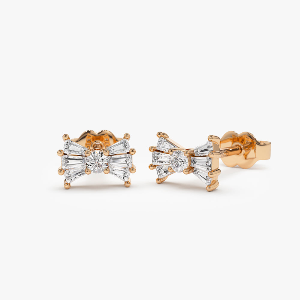 OBFJ0185 - 14k Rose Baguette and Round Diamond Bow Stud Earrings 1