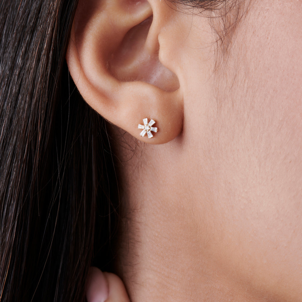OBFJ2279 - 14k Mini Flower Baguette Diamond Earrings 2