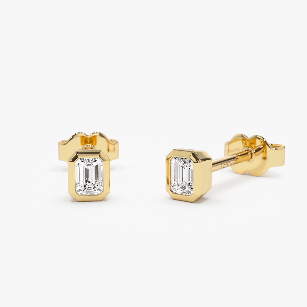 OBFJ1474 - 14k Emerald Cut Bezel Setting Stud Earrings 1