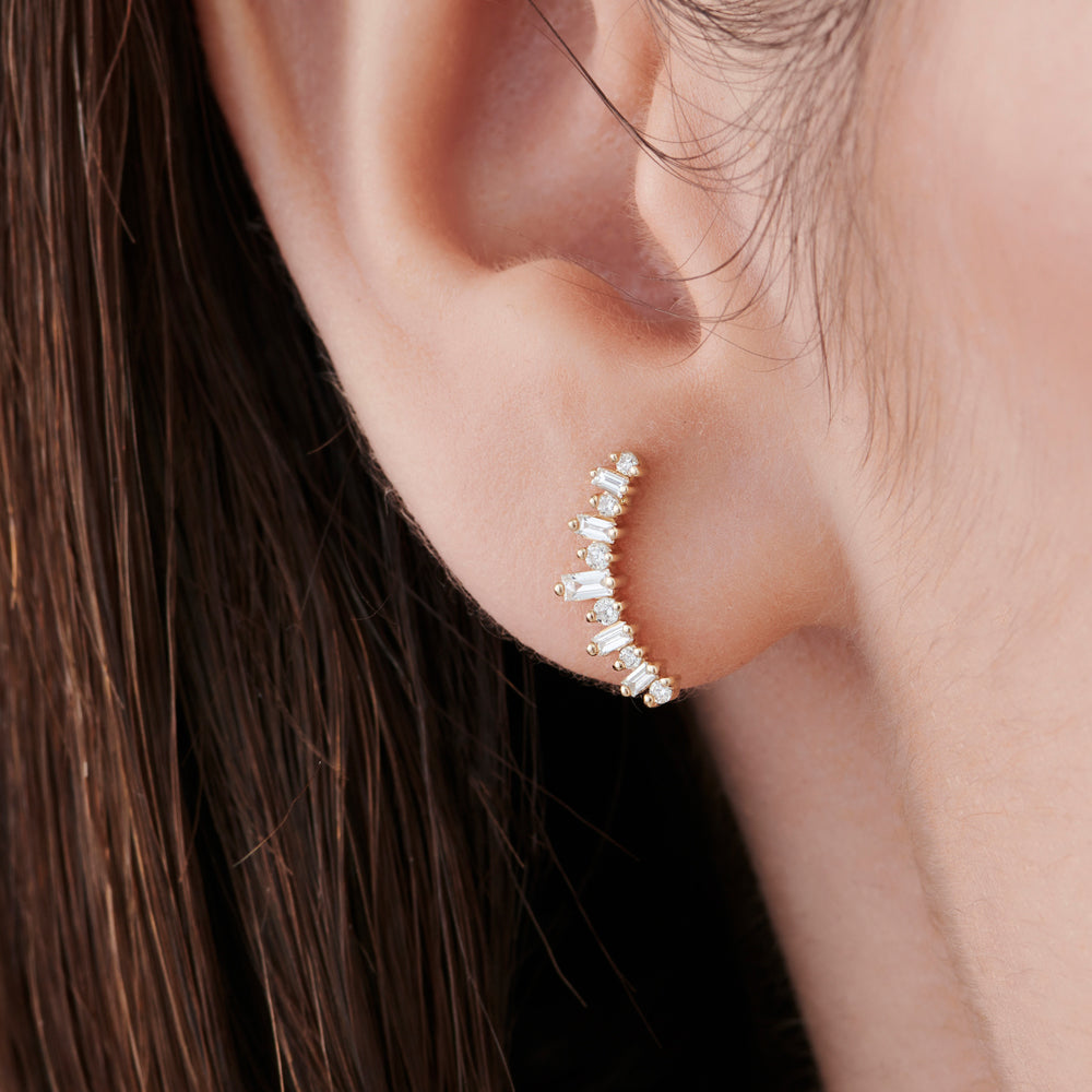OBFJ0188 - 14k Rose Baguette and Round Diamond Ear Crawler Earrings 2
