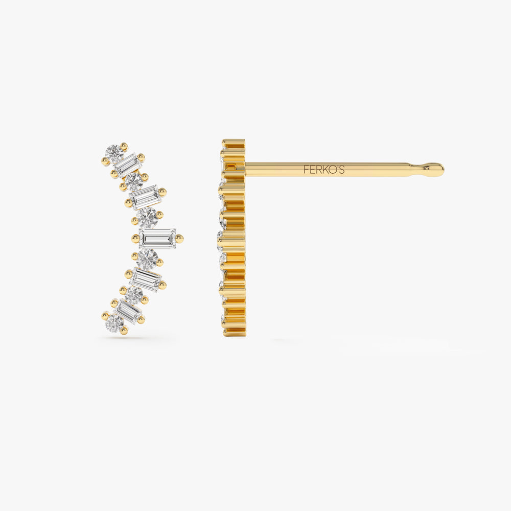 OBFJ1556 - 14k Baguette and Round Diamond Ear Crawler Earrings 6