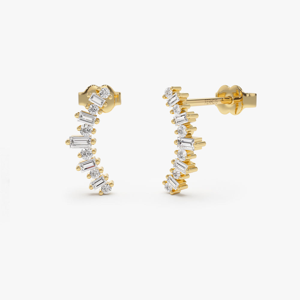 OBFJ1556 - 14k Baguette and Round Diamond Ear Crawler Earrings 1