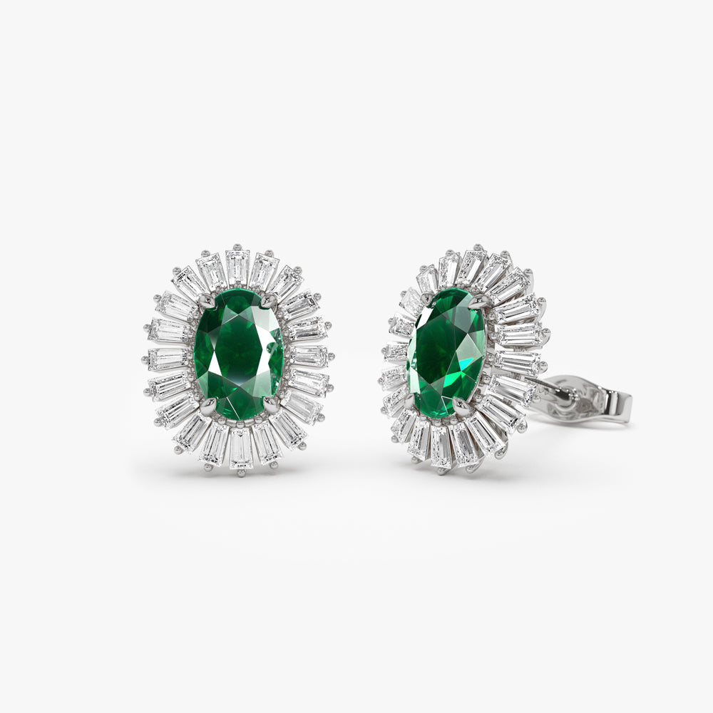 OBFJ1443 - 14k Emerald and Baguette Diamond Ballerina Stud Earrings 5