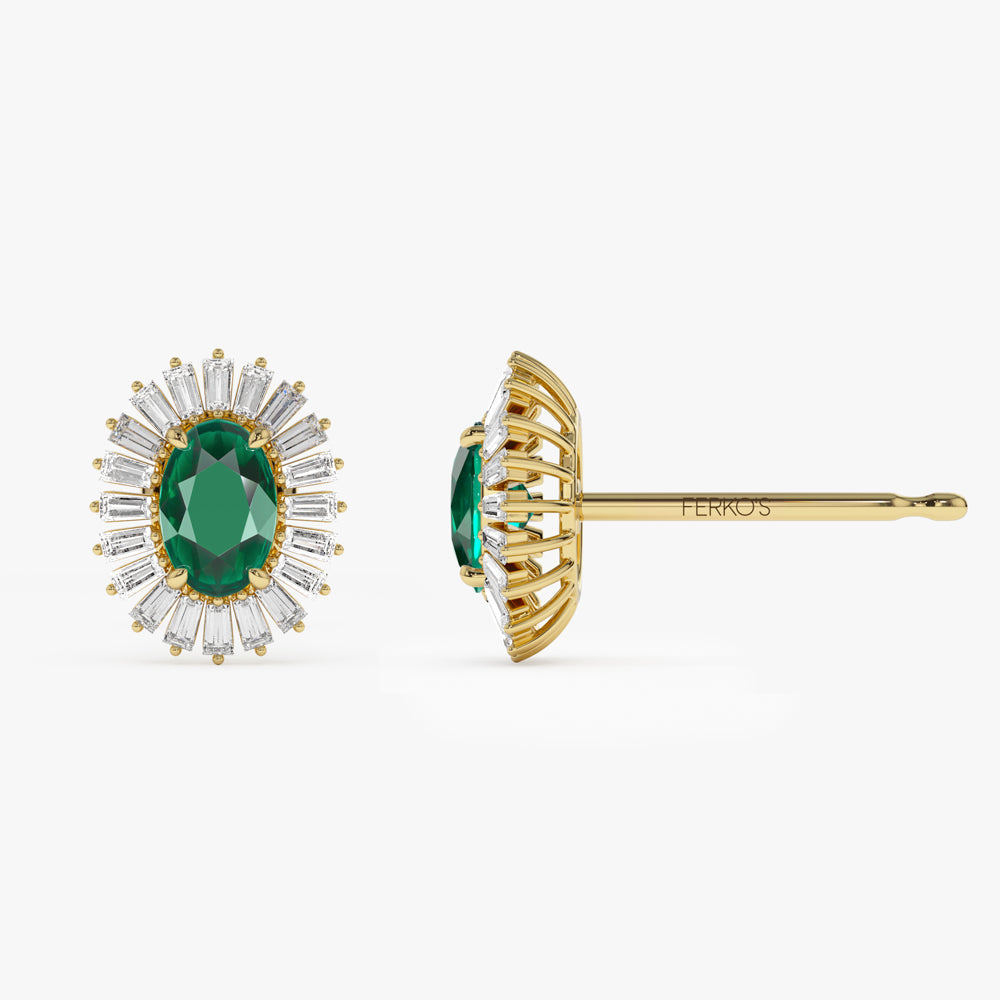 OBFJ1443 - 14k Emerald and Baguette Diamond Ballerina Stud Earrings 6