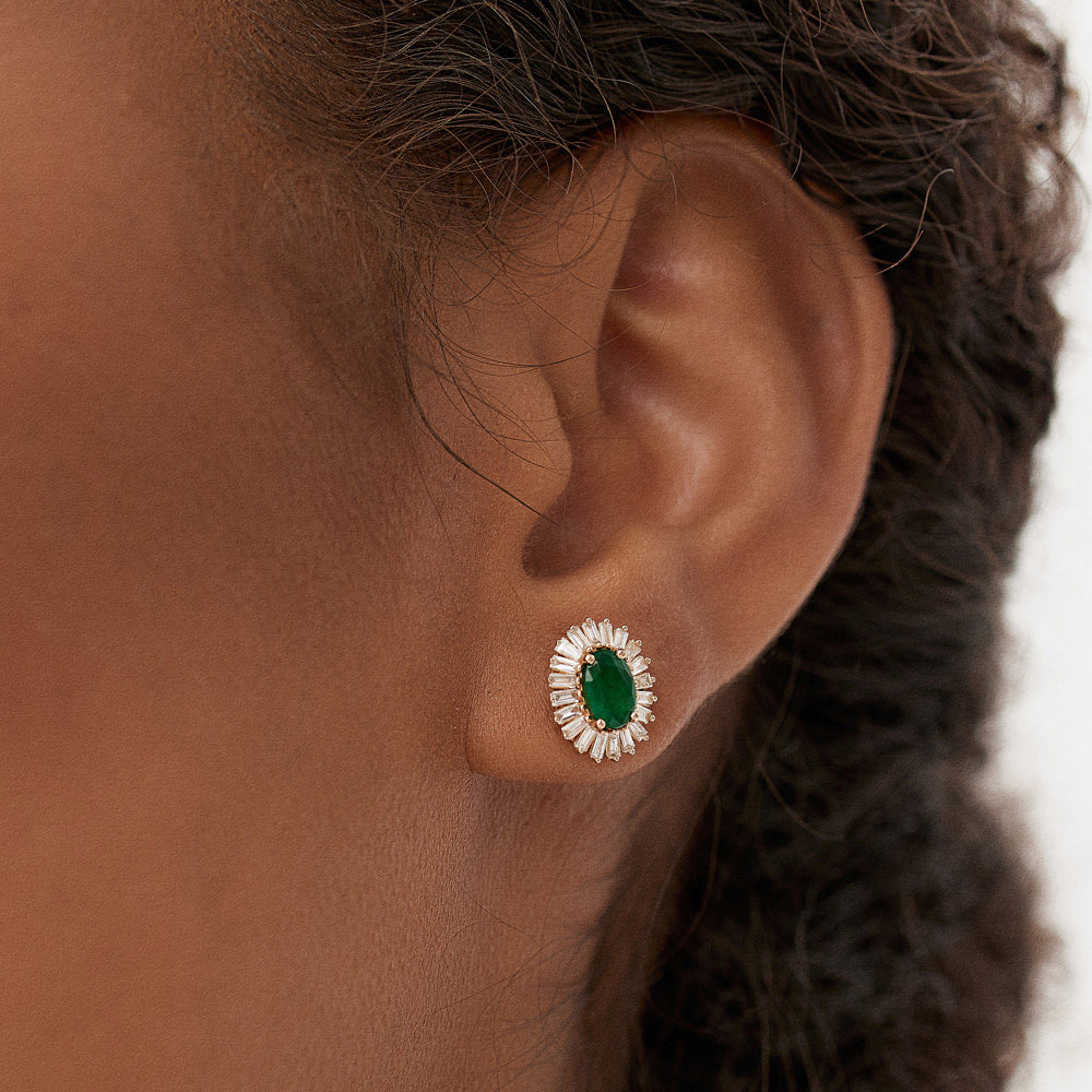 OBFJ1443 - 14k Emerald and Baguette Diamond Ballerina Stud Earrings 3