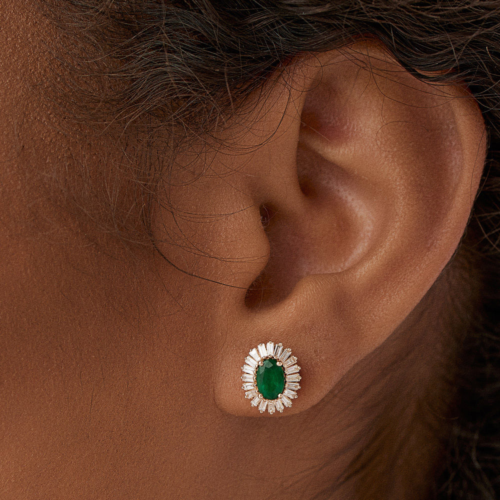 OBFJ1443 - 14k Emerald and Baguette Diamond Ballerina Stud Earrings 7