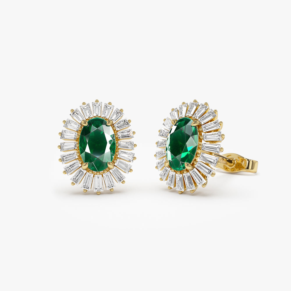 OBFJ1443 - 14k Emerald and Baguette Diamond Ballerina Stud Earrings 1
